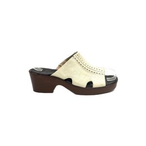 Vintage 1970s white leather cutout slip on chunky platform heeled sandals